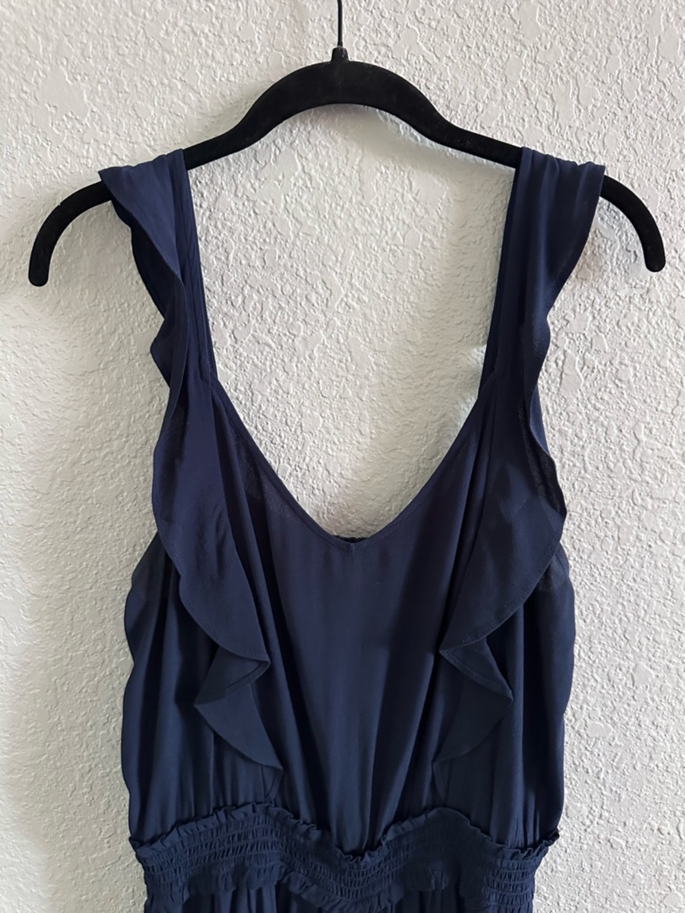 LOFT Navy Sleeveless Wide Leg Jumpsuit Ruffle Trim Smocked Waist Size Large - Picture 3 of 11